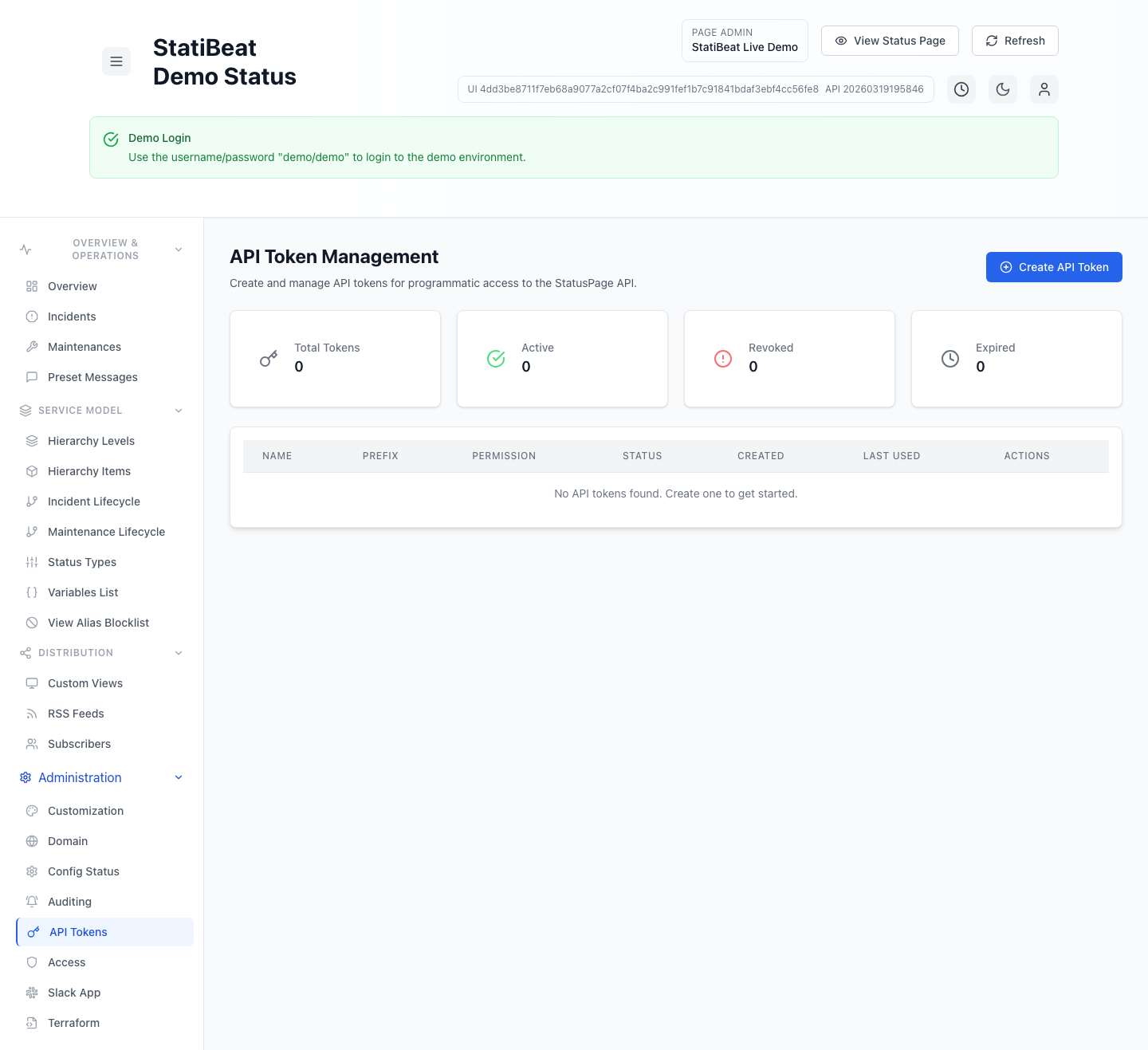 API token management in the live demo