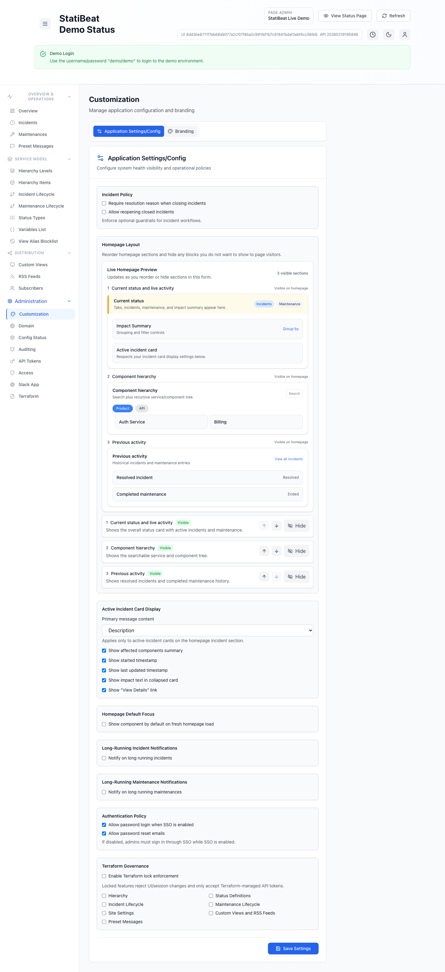 Customization screen in the live demo