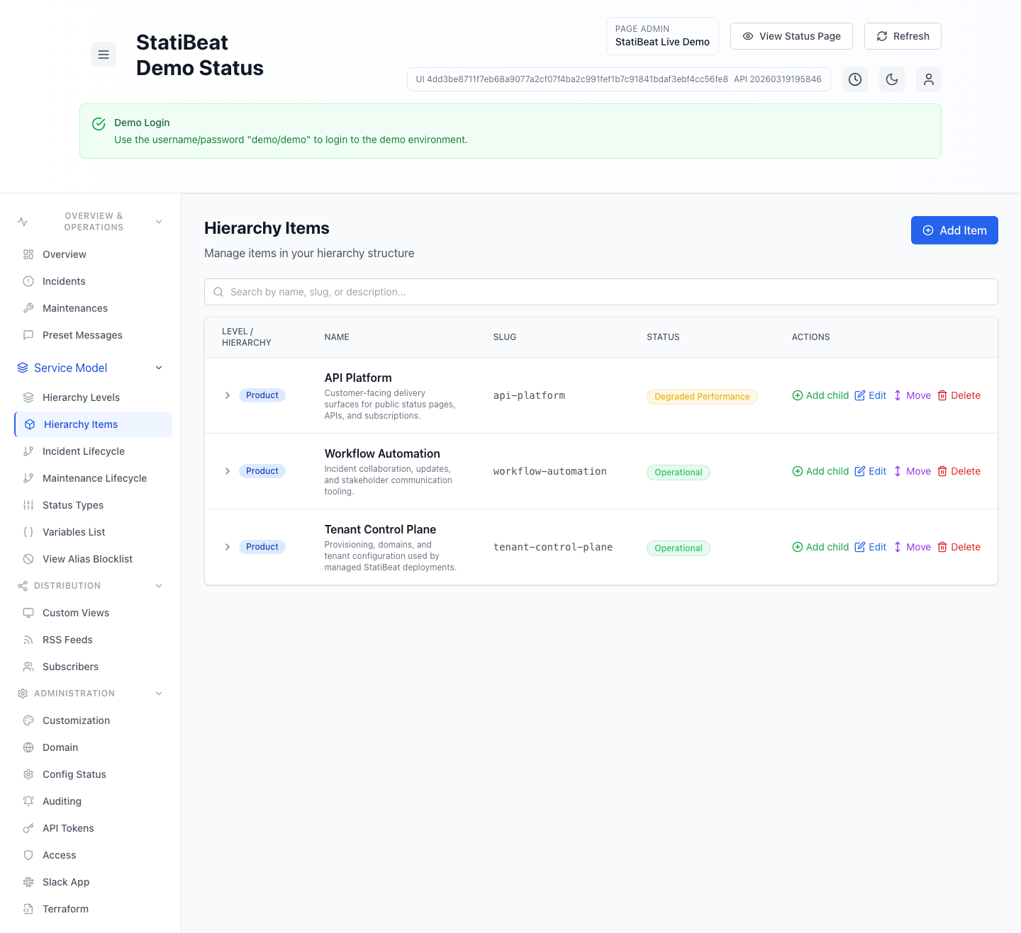 Hierarchy items in the live demo