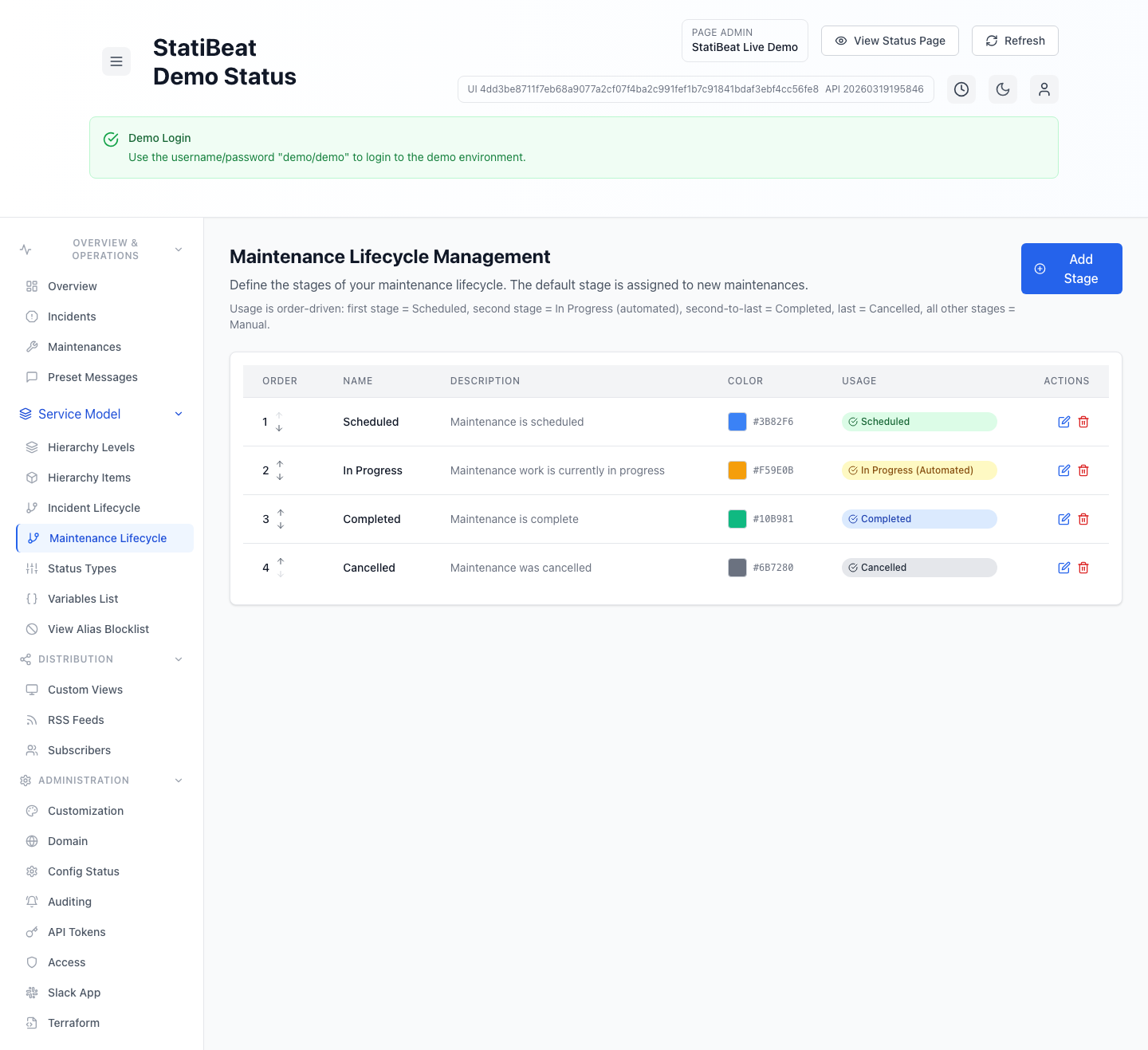 Maintenance lifecycle in the live demo