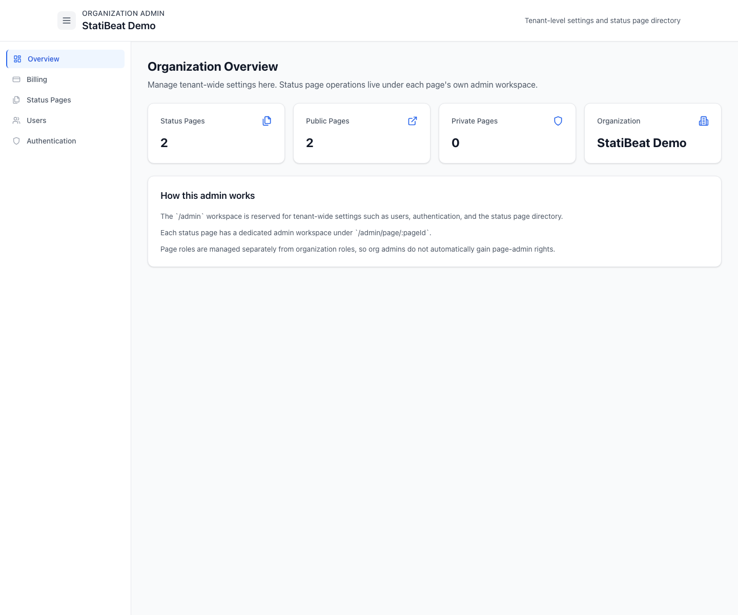 Organization admin overview in the live demo