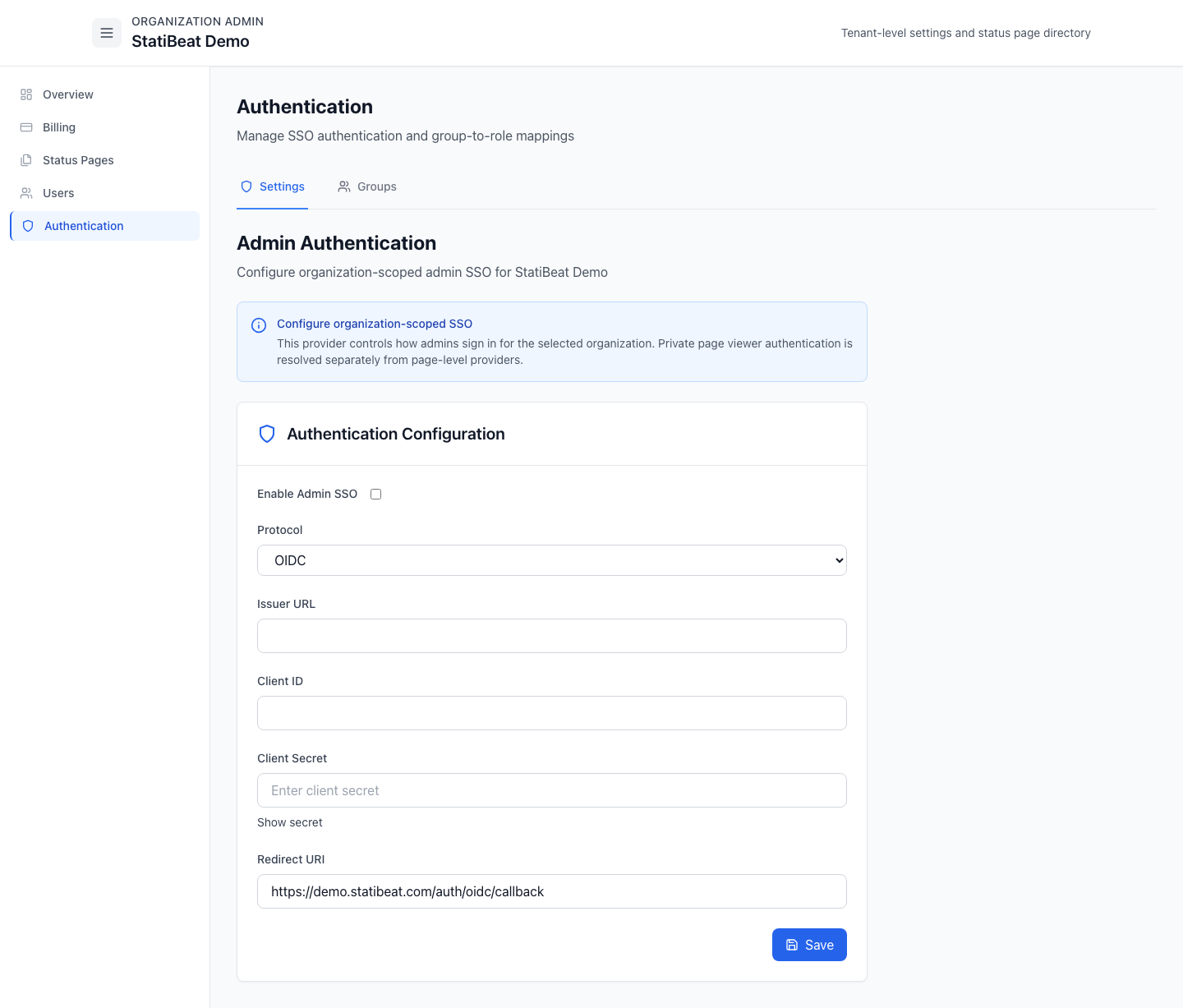 Organization authentication in the live demo
