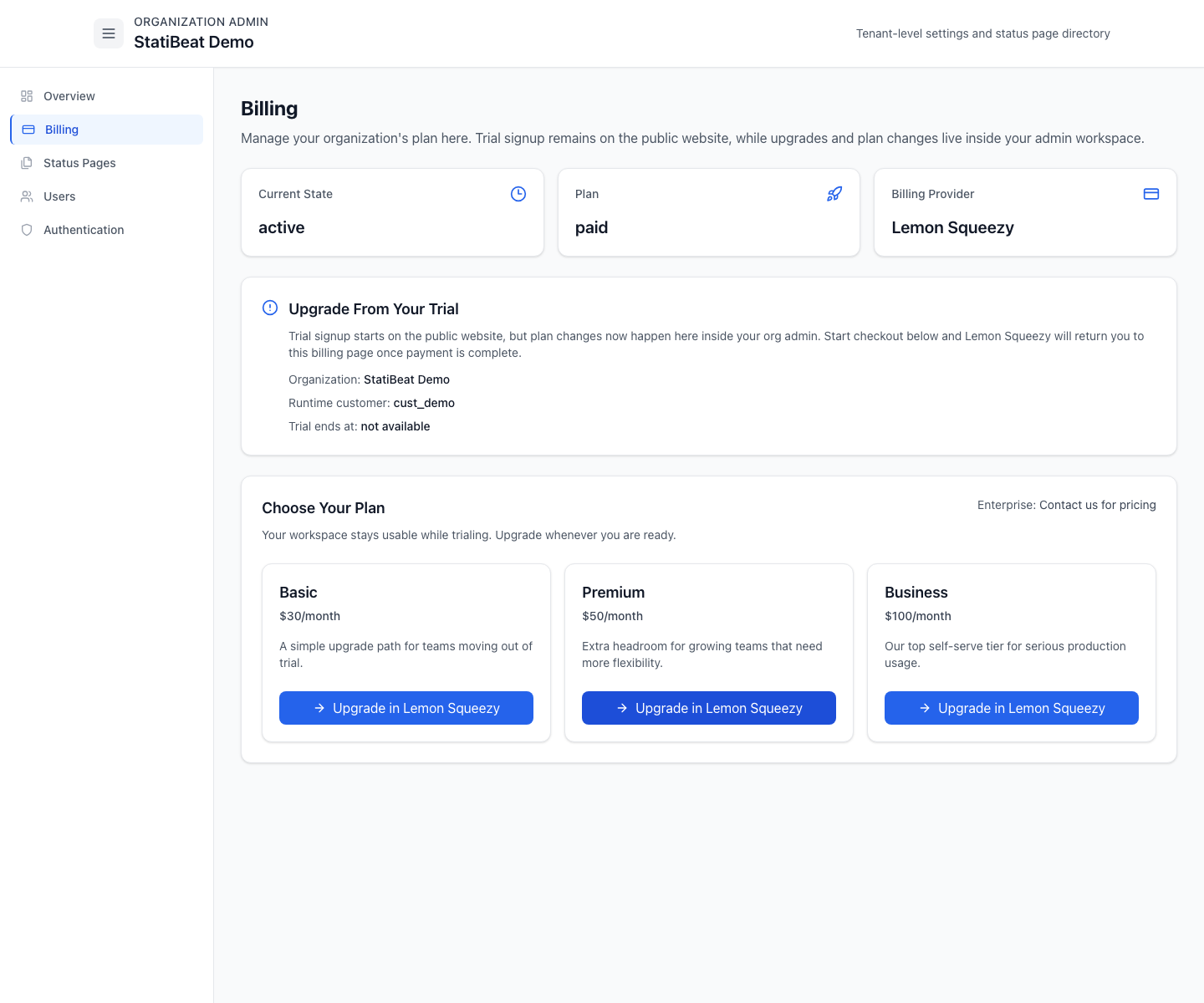 Organization billing in the live demo