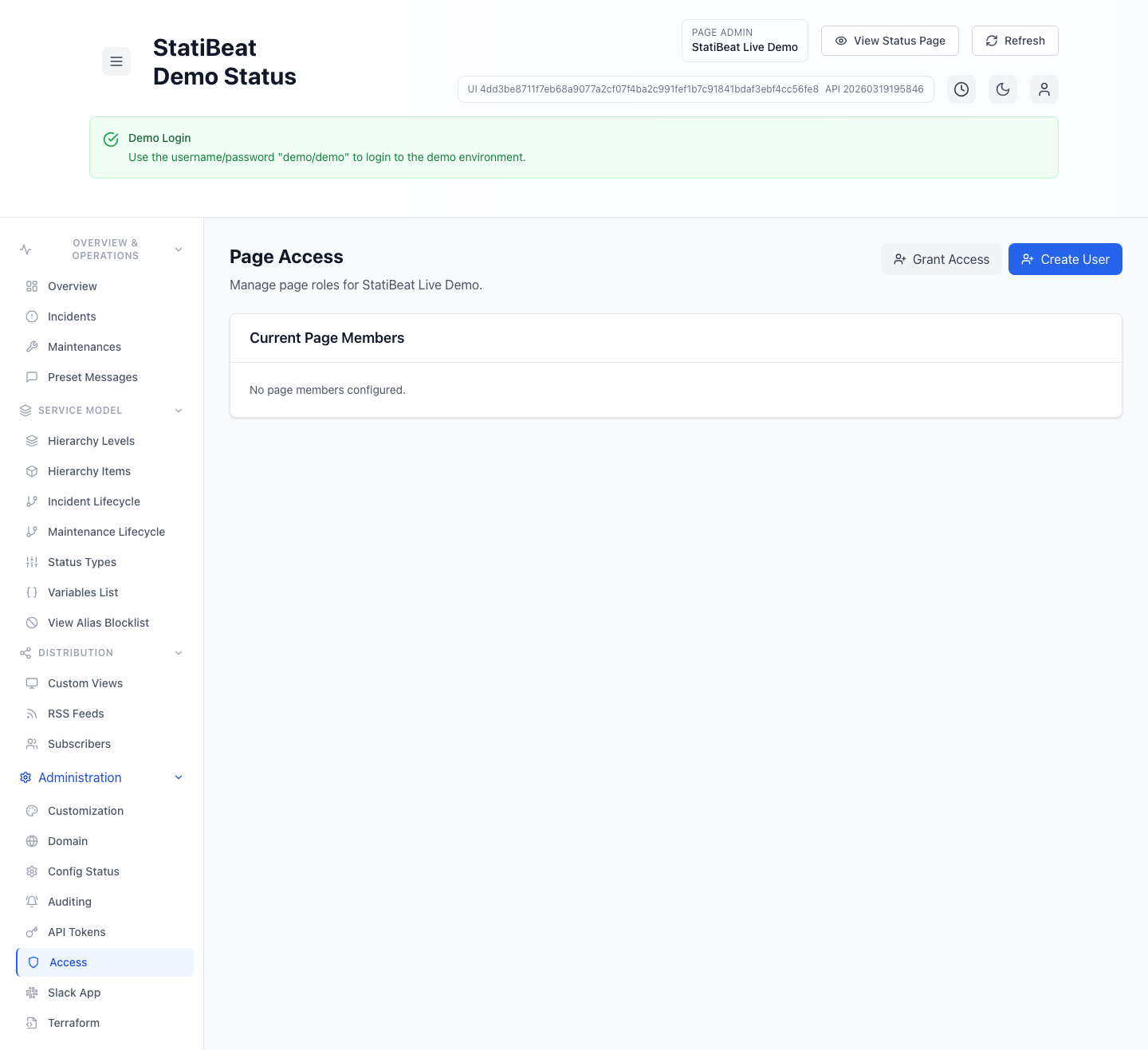 Page access in the live demo