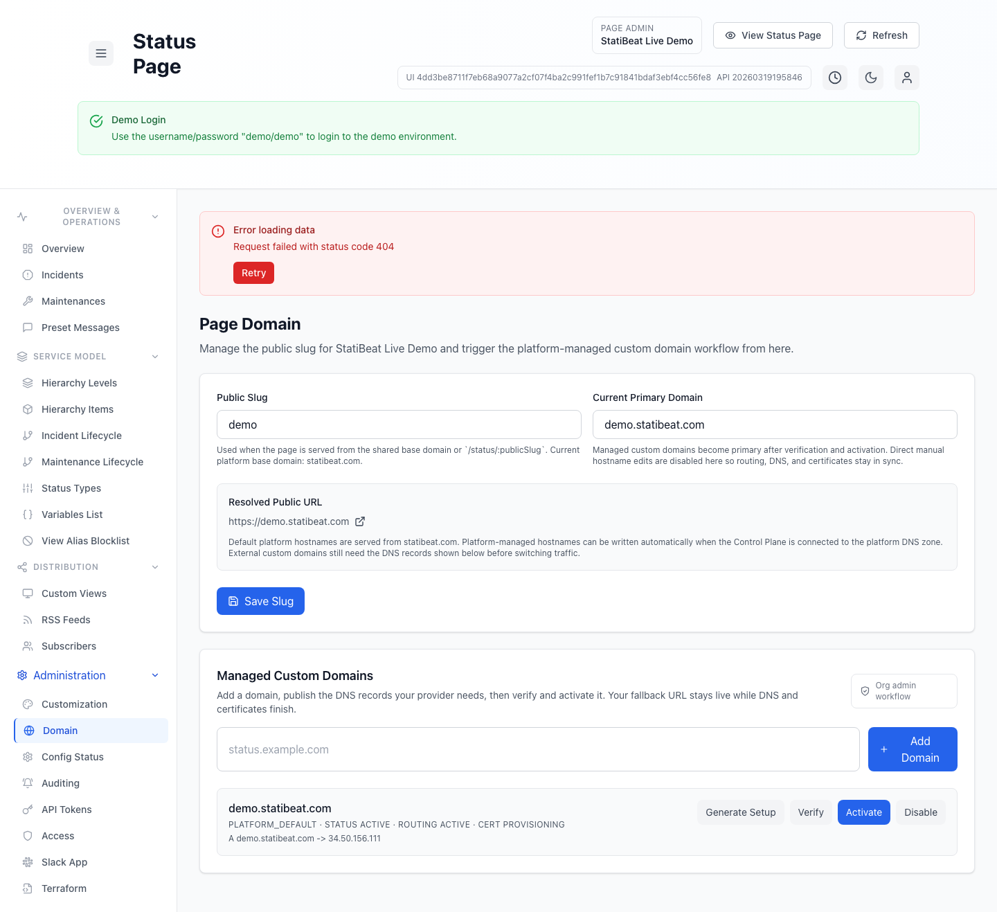 Page domain settings in the live demo