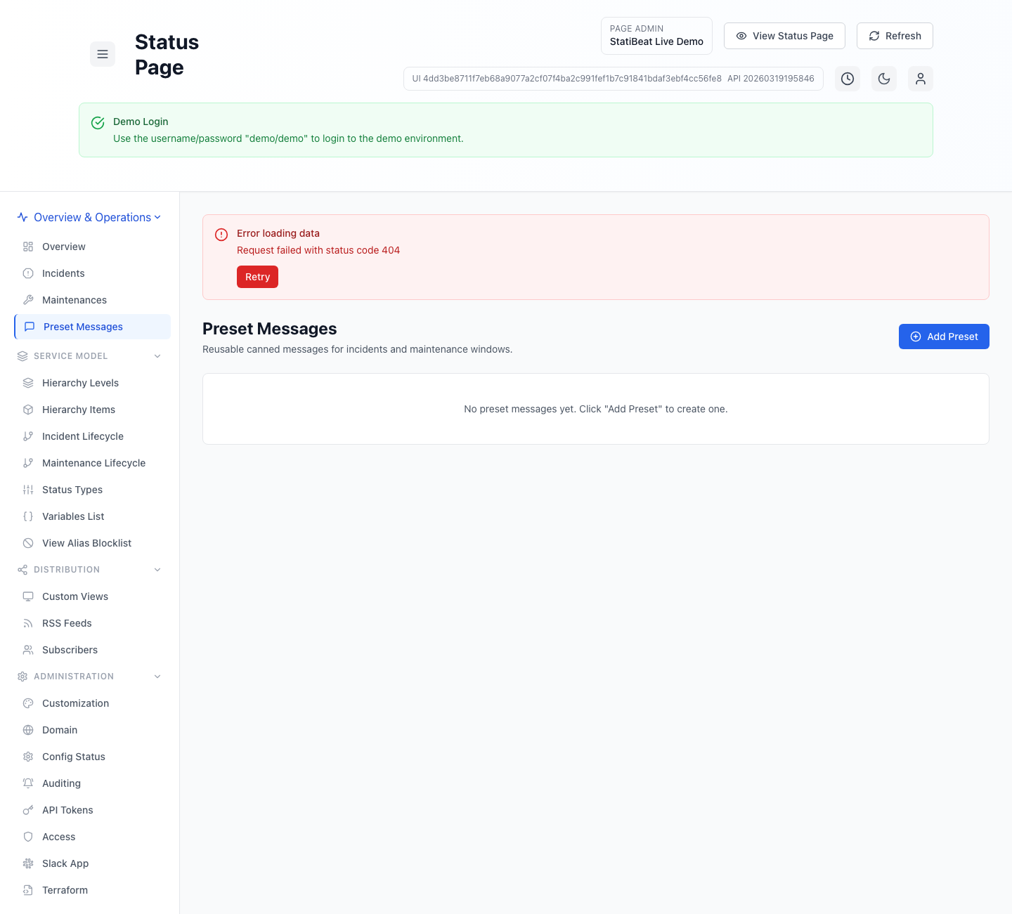 Preset messages in the live demo