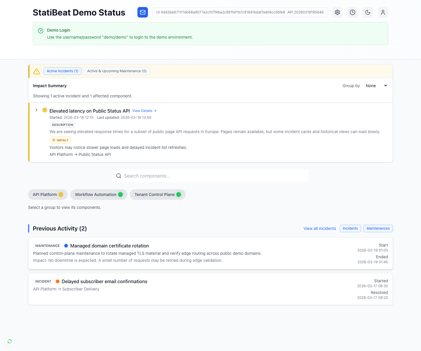 Public status page in the live demo