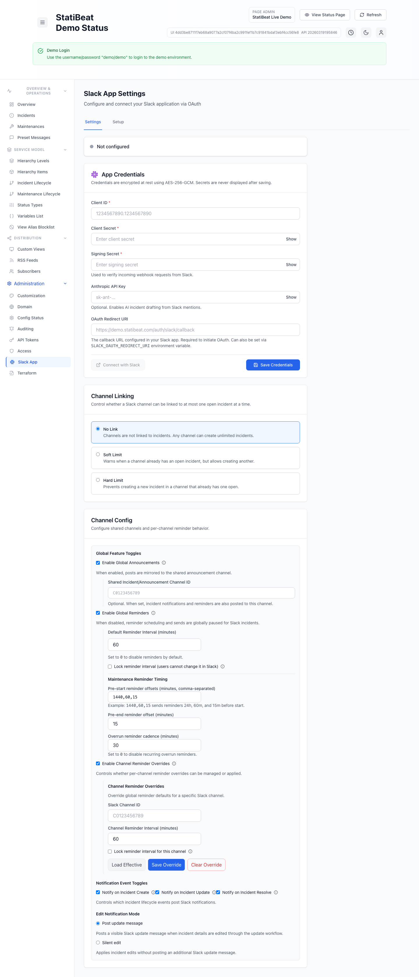 Slack settings in the live demo