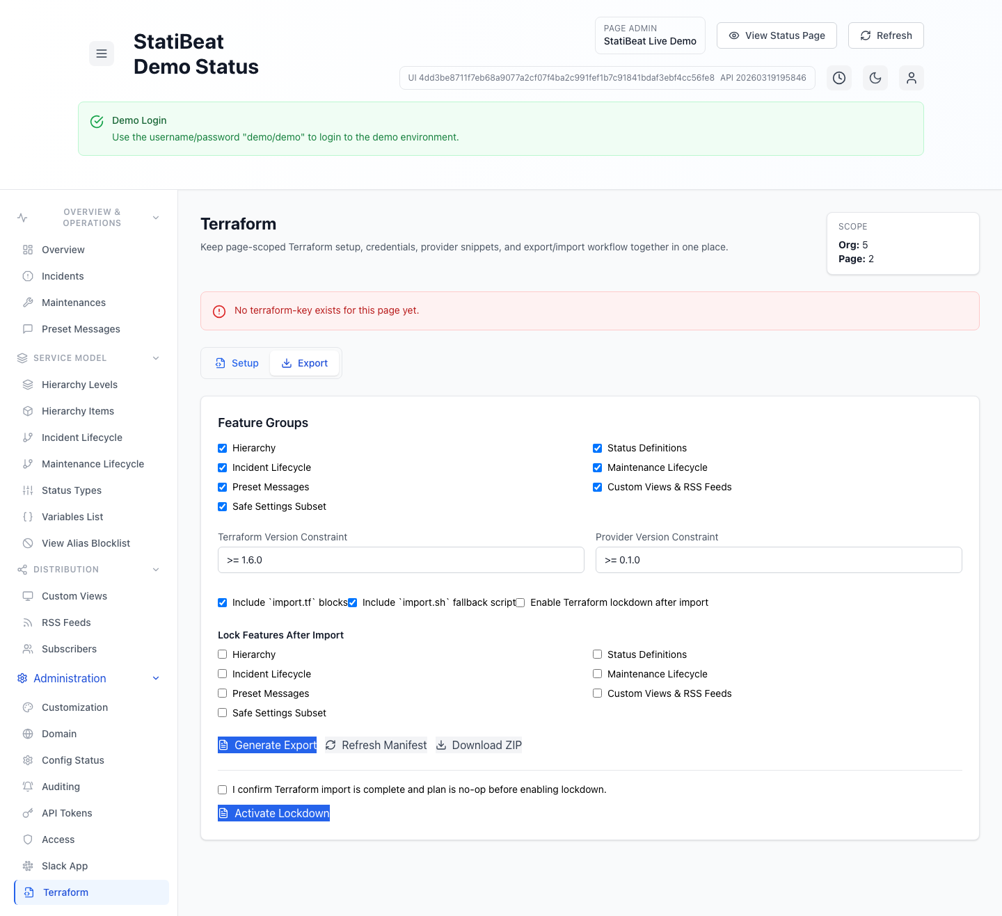 Terraform export in the live demo
