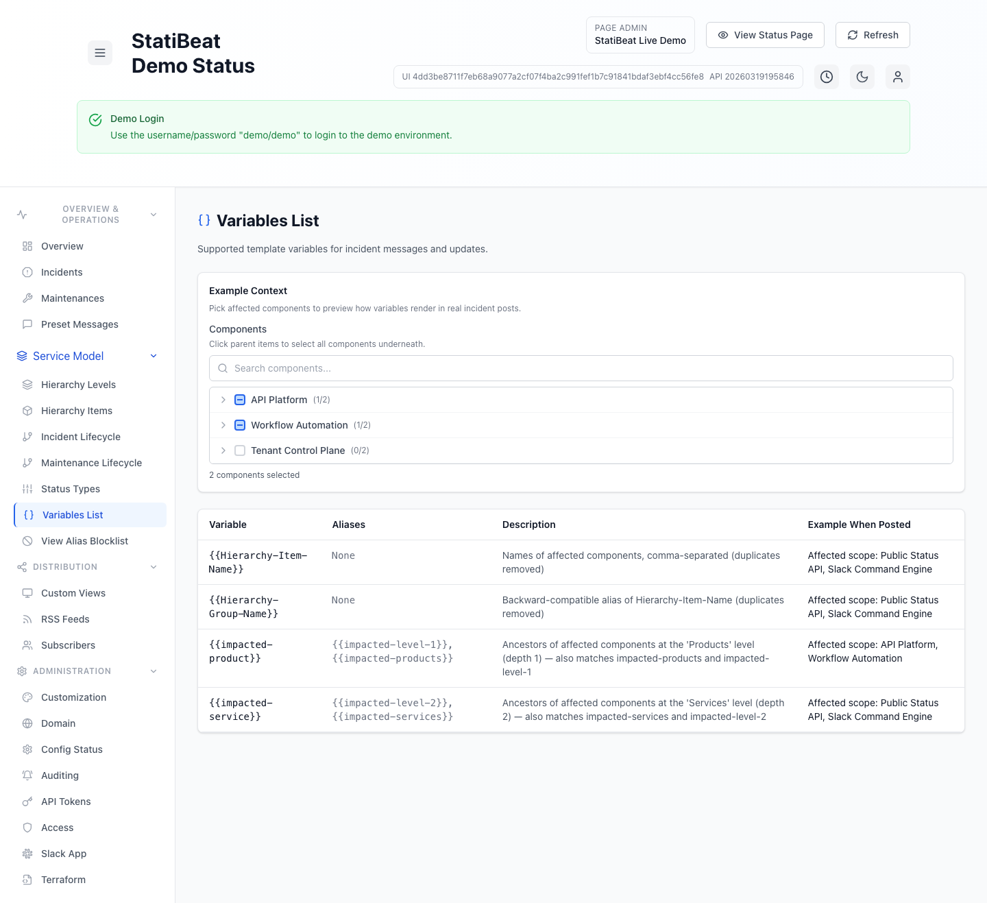 Variables preview in the live demo